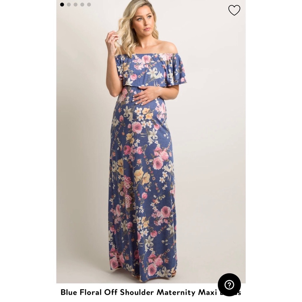 blue floral off shoulder maternity maxi dress